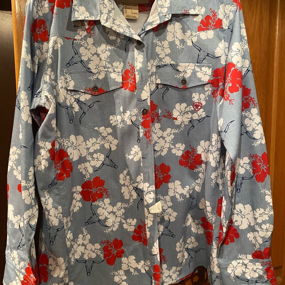 Ariat Blue Button-Down Shirt with Red and White Floral Print